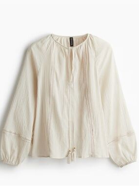 NWT H&M Lightweight Cream Peasant Blouse with Tassel Tie